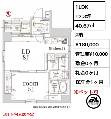 間取り1 1LDK 40.67㎡ 2階 賃料¥180,000 管理費¥10,000 敷金0ヶ月 礼金0ヶ月 3月下旬入居予定