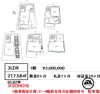 3LDK 217.58㎡ 1階 賃料¥2,000,000 敷金0ヶ月 礼金1ヶ月 1階事務所仕様･2～4階居住用　駐車場2台分スペース有