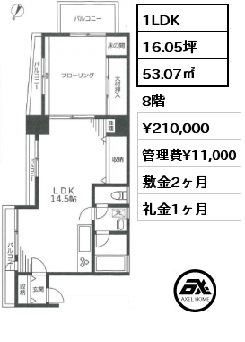 1LDK 53.07㎡ 8階 賃料¥210,000 管理費¥11,000 敷金2ヶ月 礼金1ヶ月