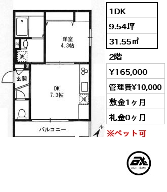 1DK 31.55㎡ 2階 賃料¥165,000 管理費¥10,000 敷金1ヶ月 礼金0ヶ月