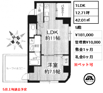 間取り1 1LDK 42.01㎡ 5階 賃料¥181,000 管理費¥10,000 敷金1ヶ月 礼金0ヶ月