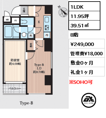 1LDK 39.51㎡ 8階 賃料¥249,000 管理費¥18,000 敷金0ヶ月 礼金1ヶ月