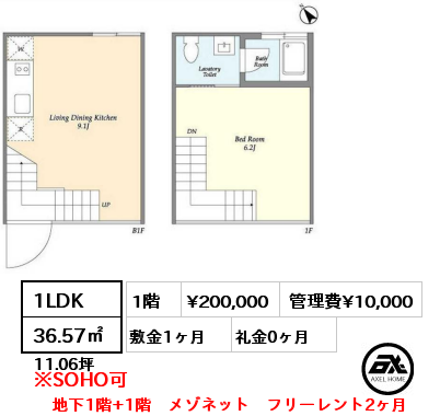 1LDK 36.57㎡ 1階 賃料¥215,000 管理費¥10,000 敷金1ヶ月 礼金1ヶ月 地下1階+1階　メゾネット