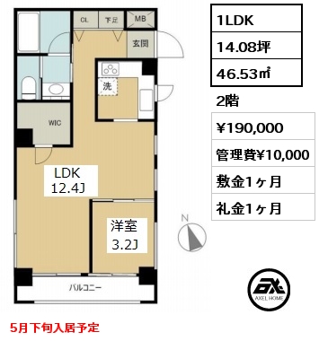 間取り10 1LDK 46.53㎡ 2階 賃料¥190,000 管理費¥10,000 敷金1ヶ月 礼金1ヶ月 5月下旬入居予定