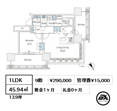 1LDK 45.94㎡ 9階 賃料¥290,000 管理費¥15,000 敷金1ヶ月 礼金0ヶ月