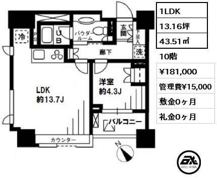 間取り11 1LDK 43.51㎡ 10階 賃料¥169,000 管理費¥15,000 敷金1ヶ月 礼金1ヶ月