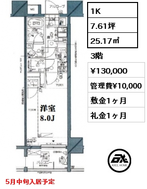 間取り11 1K 25.17㎡ 3階 賃料¥130,000 管理費¥10,000 敷金1ヶ月 礼金1ヶ月 5月中旬入居予定