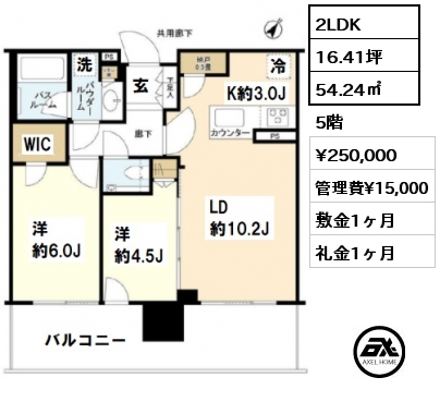 間取り12 2LDK 54.24㎡ 5階 賃料¥250,000 管理費¥15,000 敷金1ヶ月 礼金1ヶ月
