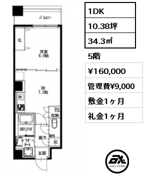 1DK 34.3㎡ 5階 賃料¥160,000 管理費¥9,000 敷金1ヶ月 礼金1ヶ月