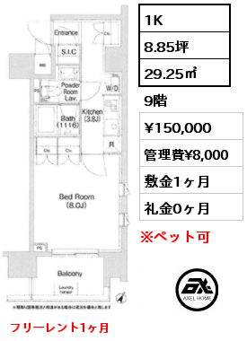 1K 29.25㎡ 9階 賃料¥151,000 管理費¥8,000 敷金1ヶ月 礼金0ヶ月 フリーレント1ヶ月　6月下旬入居予定