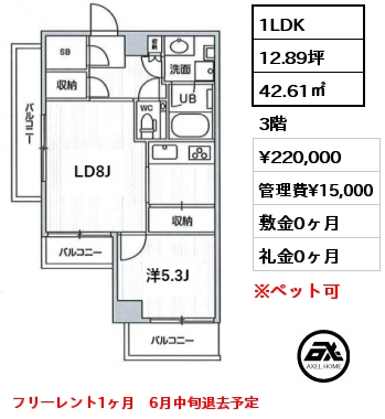 間取り13 1LDK 42.61㎡ 3階 賃料¥220,000 管理費¥15,000 敷金0ヶ月 礼金0ヶ月 フリーレント1ヶ月　6月中旬退去予定