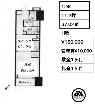 間取り13 1DK 37.02㎡ 1階 賃料¥150,000 管理費¥10,000 敷金1ヶ月 礼金1ヶ月 　　　