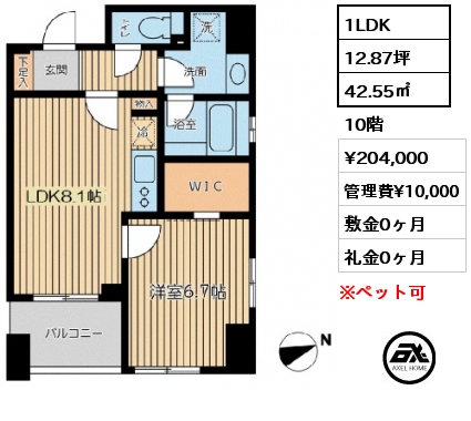間取り13 1LDK 42.55㎡ 10階 賃料¥204,000 管理費¥10,000 敷金0ヶ月 礼金0ヶ月
