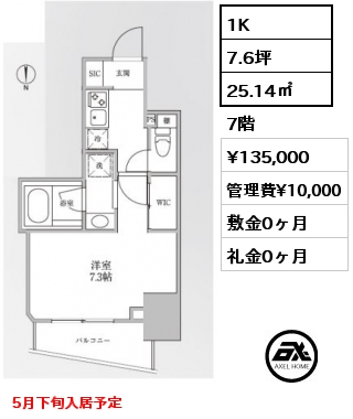 1K 25.14㎡ 7階 賃料¥135,000 管理費¥10,000 敷金0ヶ月 礼金0ヶ月 5月下旬入居予定