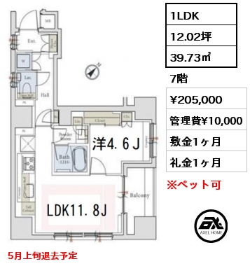 間取り13 1LDK 39.73㎡ 7階 賃料¥205,000 管理費¥10,000 敷金1ヶ月 礼金1ヶ月 5月上旬退去予定