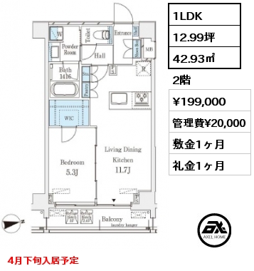 間取り14 1LDK 42.93㎡ 2階 賃料¥199,000 管理費¥20,000 敷金1ヶ月 礼金1ヶ月 4月下旬入居予定