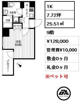 1K 25.51㎡ 7階 賃料¥126,000 管理費¥10,000 敷金0ヶ月 礼金0ヶ月
