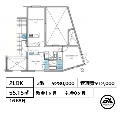 間取り14 2LDK 55.15㎡ 3階 賃料¥280,000 管理費¥12,000 敷金1ヶ月 礼金0ヶ月
