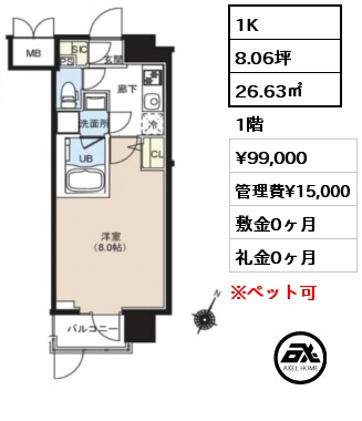 間取り15 1K 25.81㎡ 6階 賃料¥119,000 管理費¥11,000 敷金0ヶ月 礼金1ヶ月 家具・家電付き対応可　5月下旬入居予定