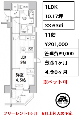 間取り15 1LDK 33.63㎡ 11階 賃料¥201,000 管理費¥9,000 敷金1ヶ月 礼金0ヶ月 フリーレント1ヶ月　6月上旬入居予定
