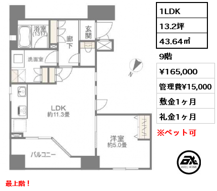 1LDK 43.64㎡ 9階 賃料¥185,000 管理費¥15,000 敷金1ヶ月 礼金1ヶ月