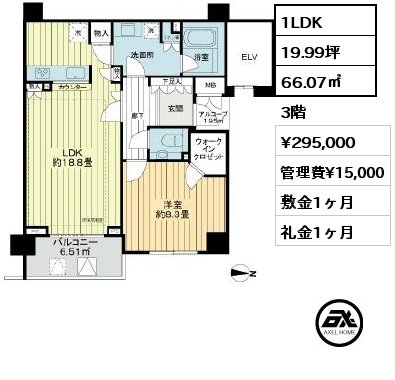 1LDK 66.07㎡ 3階 賃料¥295,000 管理費¥15,000 敷金1ヶ月 礼金1ヶ月