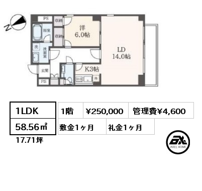 1LDK 58.56㎡ 1階 賃料¥250,000 管理費¥4,600 敷金1ヶ月 礼金1.5ヶ月 5月下旬入居予定