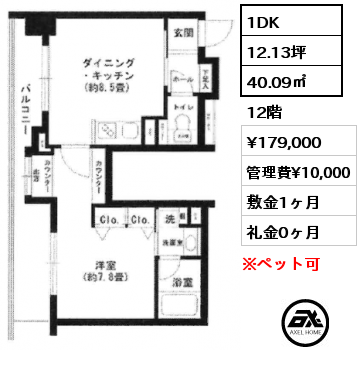 1DK 40.09㎡ 12階 賃料¥179,000 管理費¥10,000 敷金1ヶ月 礼金0ヶ月