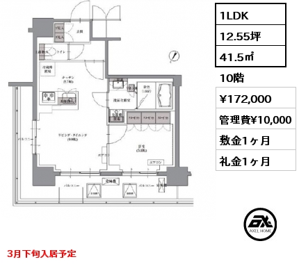1LDK 41.5㎡ 10階 賃料¥172,000 管理費¥10,000 敷金1ヶ月 礼金1ヶ月 3月下旬入居予定