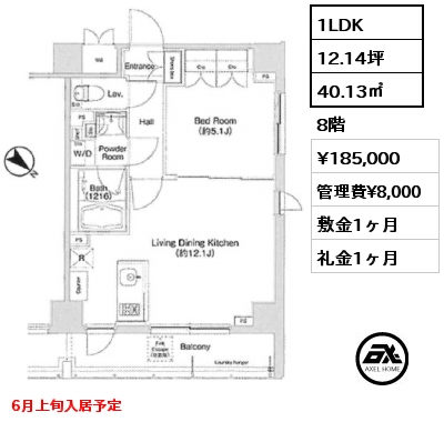 1LDK 40.13㎡ 8階 賃料¥185,000 管理費¥8,000 敷金1ヶ月 礼金1ヶ月 6月上旬入居予定