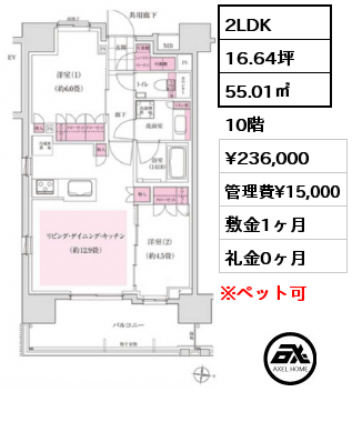 2LDK 55.01㎡ 10階 賃料¥236,000 管理費¥15,000 敷金1ヶ月 礼金0ヶ月