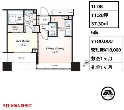 1LDK 37.30㎡ 5階 賃料¥180,000 管理費¥18,000 敷金1ヶ月 礼金1ヶ月 5月中旬入居予定