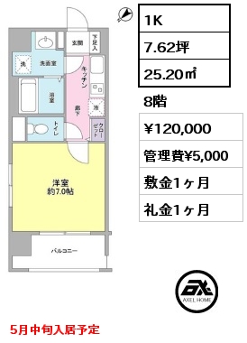 1K 25.20㎡ 8階 賃料¥120,000 管理費¥5,000 敷金1ヶ月 礼金1ヶ月 5月中旬入居予定