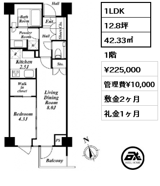 1LDK 42.33㎡ 1階 賃料¥225,000 管理費¥10,000 敷金2ヶ月 礼金1ヶ月