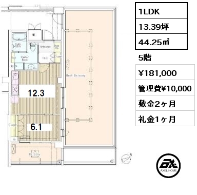 1LDK 44.25㎡ 5階 賃料¥181,000 管理費¥10,000 敷金2ヶ月 礼金1ヶ月