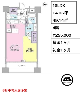 1SLDK 49.14㎡ 4階 賃料¥255,000 敷金1ヶ月 礼金1ヶ月 6月中旬入居予定
