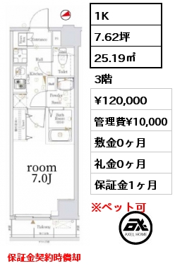 1K 25.19㎡ 3階 賃料¥120,000 管理費¥10,000 敷金0ヶ月 礼金0ヶ月 6月中旬入居予定　保証金契約時償却