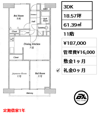 3DK 61.39㎡ 11階 賃料¥187,000 管理費¥16,000 敷金1ヶ月 礼金0ヶ月 定期借家1年