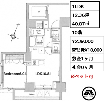1LDK 40.87㎡ 10階 賃料¥239,000 管理費¥18,000 敷金1ヶ月 礼金0ヶ月 4月下旬案内可能