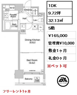 1DK 32.13㎡ 5階 賃料¥165,000 管理費¥10,000 敷金1ヶ月 礼金0ヶ月 フリーレント1ヶ月