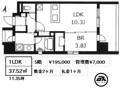 1LDK 37.52㎡ 5階 賃料¥195,000 管理費¥7,000 敷金2ヶ月 礼金1ヶ月