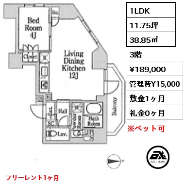 1LDK 38.85㎡ 3階 賃料¥189,000 管理費¥15,000 敷金1ヶ月 礼金0ヶ月 フリーレント1ヶ月