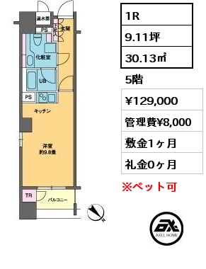 1R 30.13㎡ 5階 賃料¥129,000 管理費¥8,000 敷金1ヶ月 礼金0ヶ月