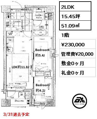 2LDK 51.09㎡ 1階 賃料¥230,000 管理費¥20,000 敷金0ヶ月 礼金0ヶ月 3/31退去予定
