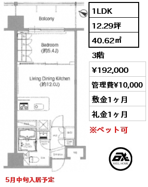 1LDK 40.62㎡ 3階 賃料¥192,000 管理費¥10,000 敷金1ヶ月 礼金1ヶ月 5月中旬入居予定