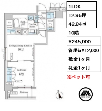 1LDK 42.84㎡ 10階 賃料¥245,000 管理費¥12,000 敷金1ヶ月 礼金1ヶ月