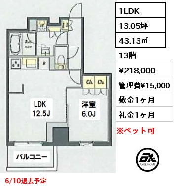 間取り2 1LDK 43.13㎡ 13階 賃料¥218,000 管理費¥15,000 敷金1ヶ月 礼金1ヶ月 6/10退去予定