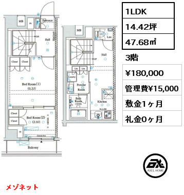 1LDK 47.68㎡ 3階 賃料¥180,000 管理費¥15,000 敷金1ヶ月 礼金0ヶ月 メゾネット　　　　　
