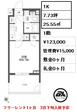 1K 25.55㎡ 1階 賃料¥123,000 管理費¥15,000 敷金0ヶ月 礼金0ヶ月 フリーレント1ヶ月　3月下旬入居予定