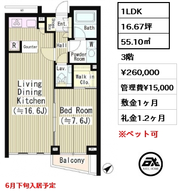 1LDK 55.10㎡ 3階 賃料¥260,000 管理費¥15,000 敷金1ヶ月 礼金1.2ヶ月 6月下旬入居予定